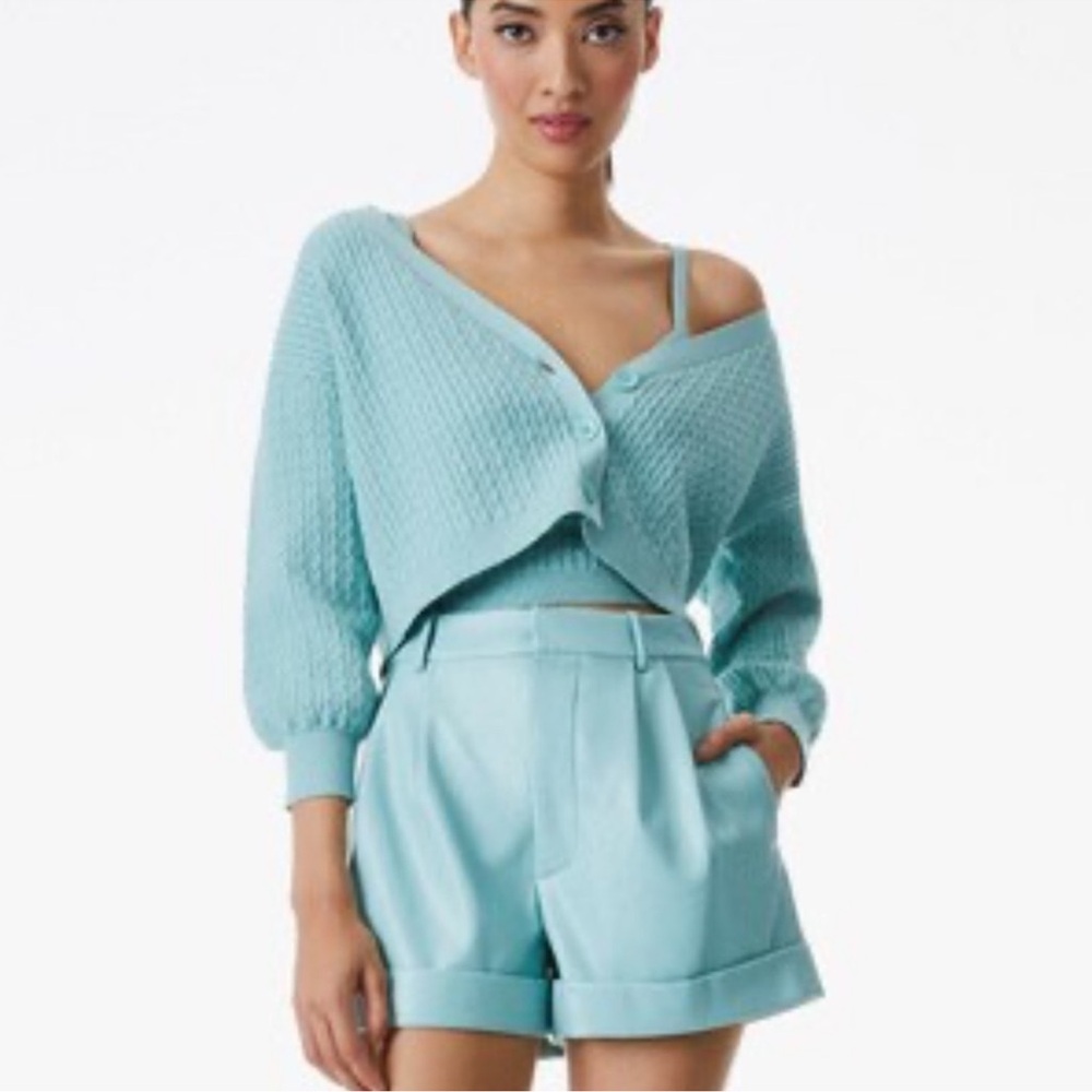EUC Alice + Olivia Seafoam Green Teal Cable Knit Cropped Cardigan Sweater Sz XL
